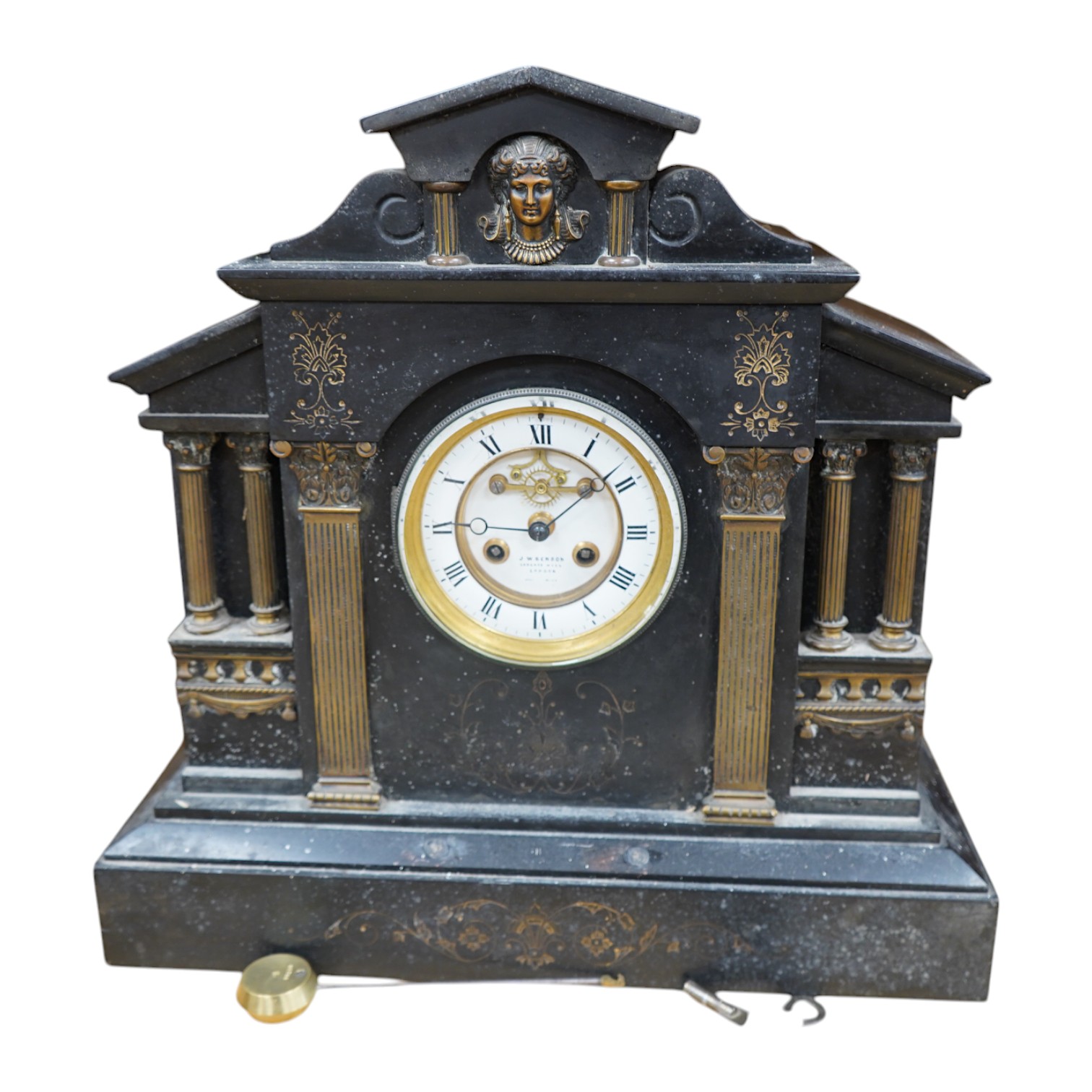 A large 19th century slate mantel clock, 42cm high. Condition - fair, not tested if working